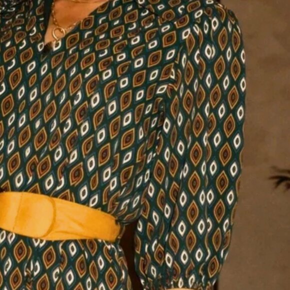 Bohme Serenity Green Boho Collared Patterned Midi Dress Size Large - Picture 10 of 10